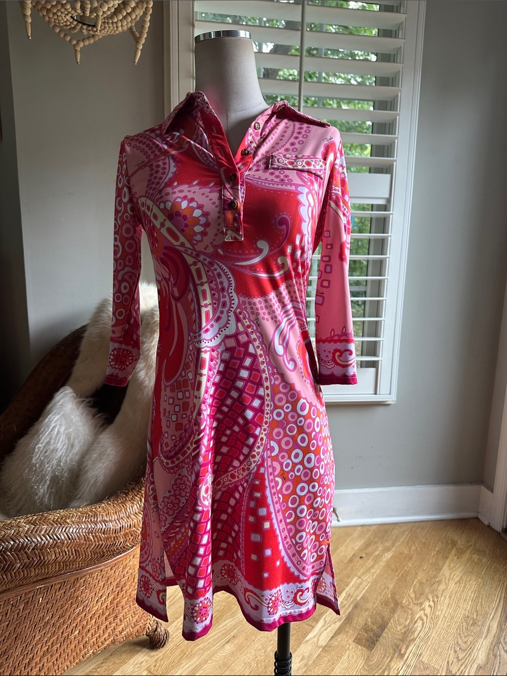 EMILIO PUCCI FIRENZE ITALY DESIGNER SILK COLLAR PRINTED DRESS 36 EXCELLENT
